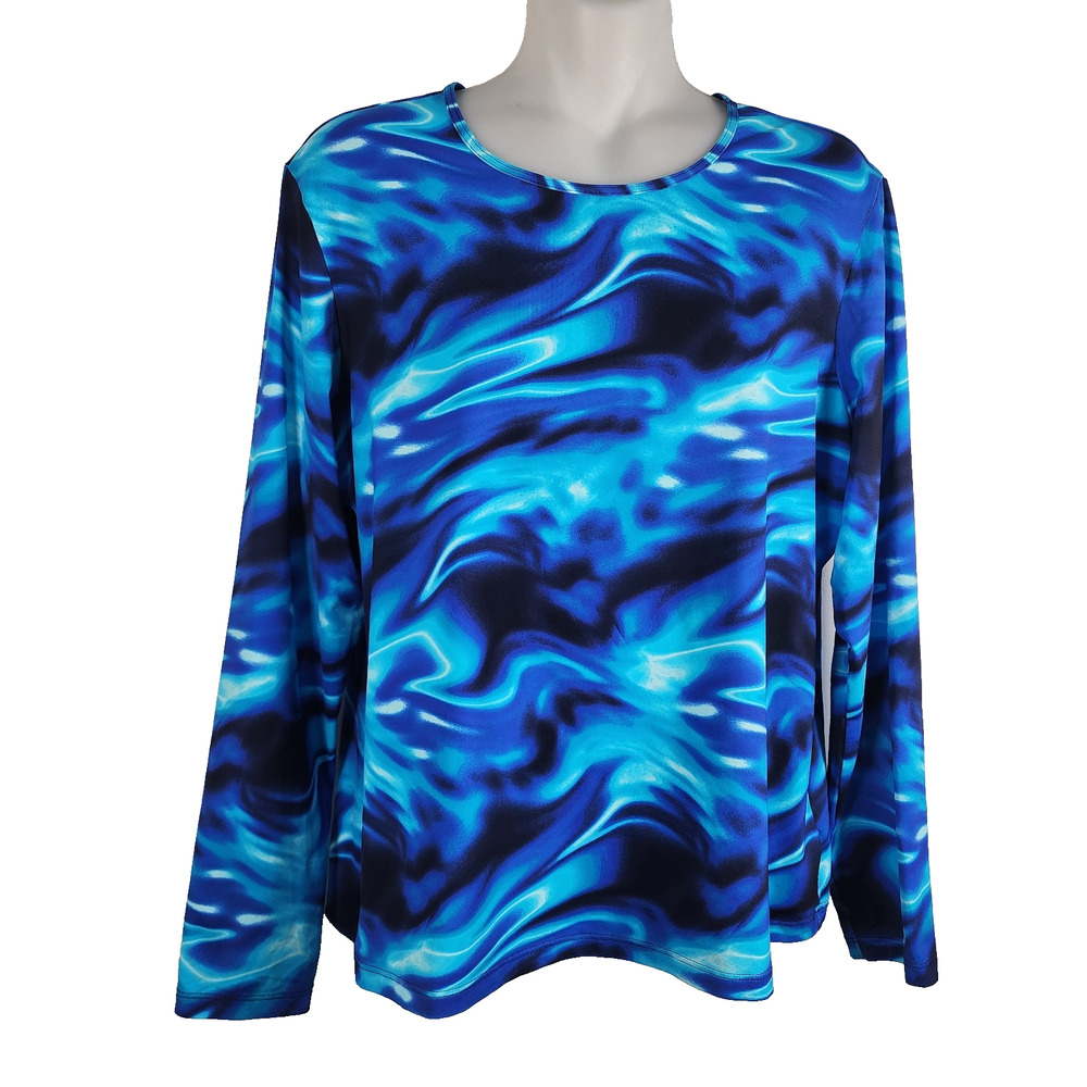 Lands' End Women's Long Sleeve Rash Guard Swim Tee Blue Swirl Print UPF 50